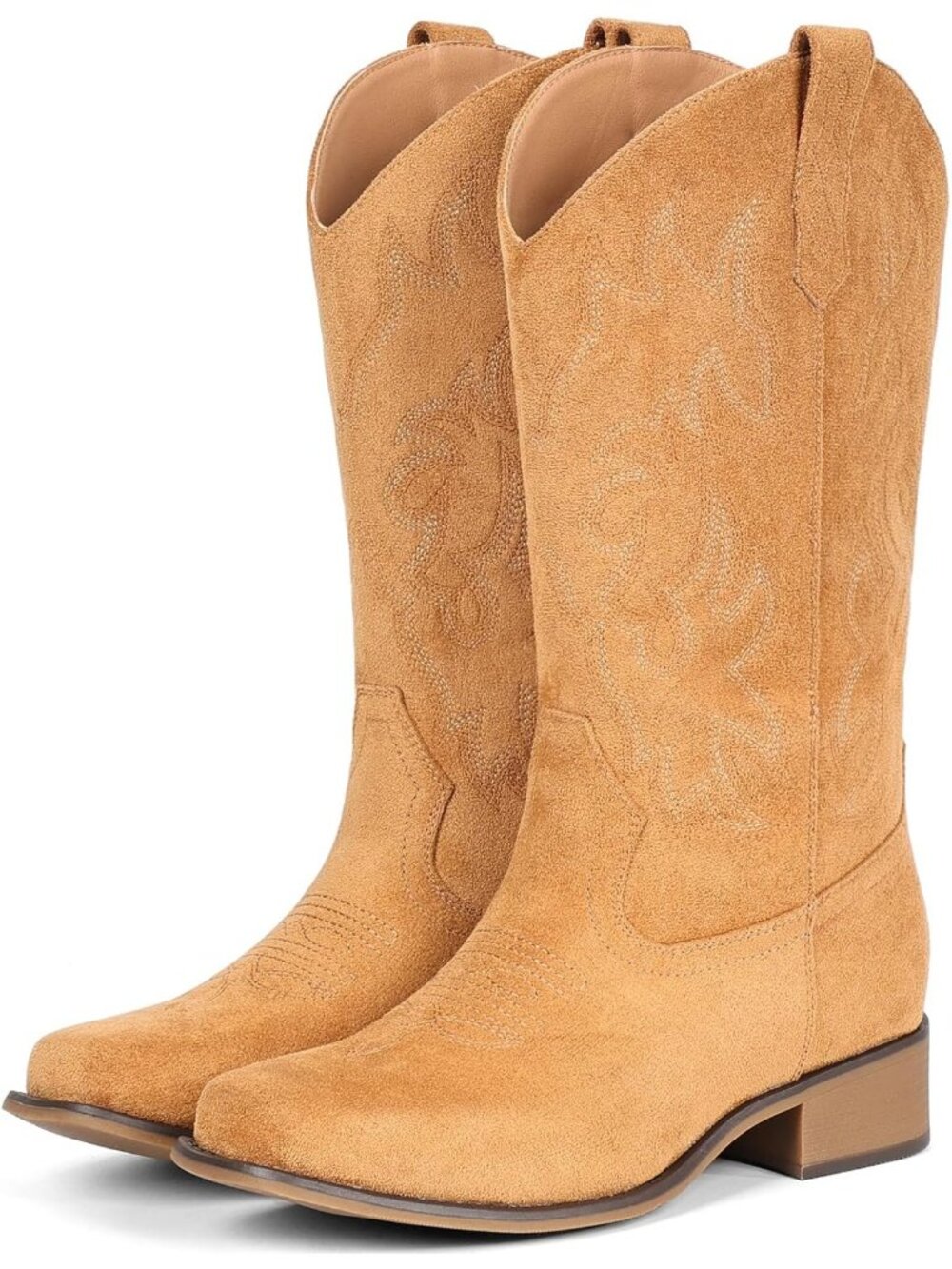 Women Yellow/Brown Square Toe Mid Calf Embroidered Western Low Heel Cowboy Boots